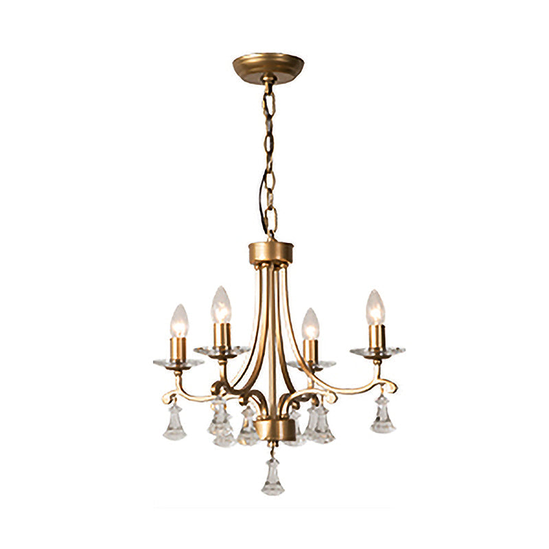 Modern Brass Starburst Chandelier - 4 Bulb Metal Pendant Light With Crystal Drop