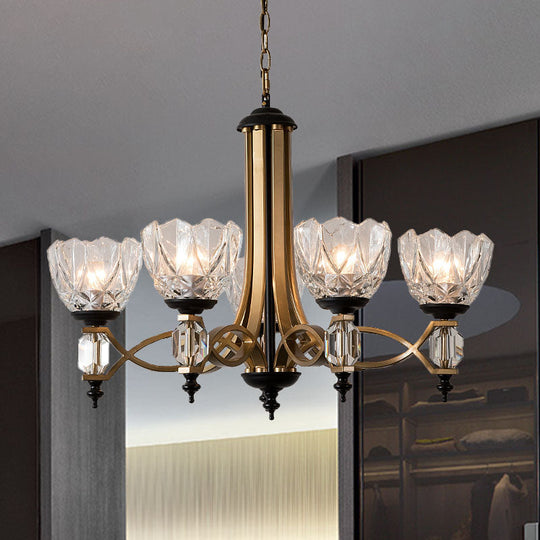 Brass Dome Pendant Light Fixture With Clear Glass Shade - Modern 5-Head Chandelier Lighting