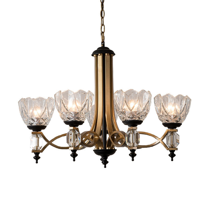 Brass Dome Pendant Light Fixture With Clear Glass Shade - Modern 5-Head Chandelier Lighting