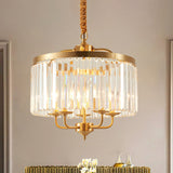 Modernist Brass Hanging Pendant Light With Curved Metal Arm - Crystal Cylinder Chandelier 4 Heads