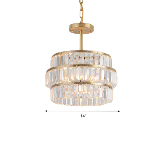 Modernist Brass Layered Ceiling Chandelier With Crystal Suspension - 3 Bulbs Pendant Light