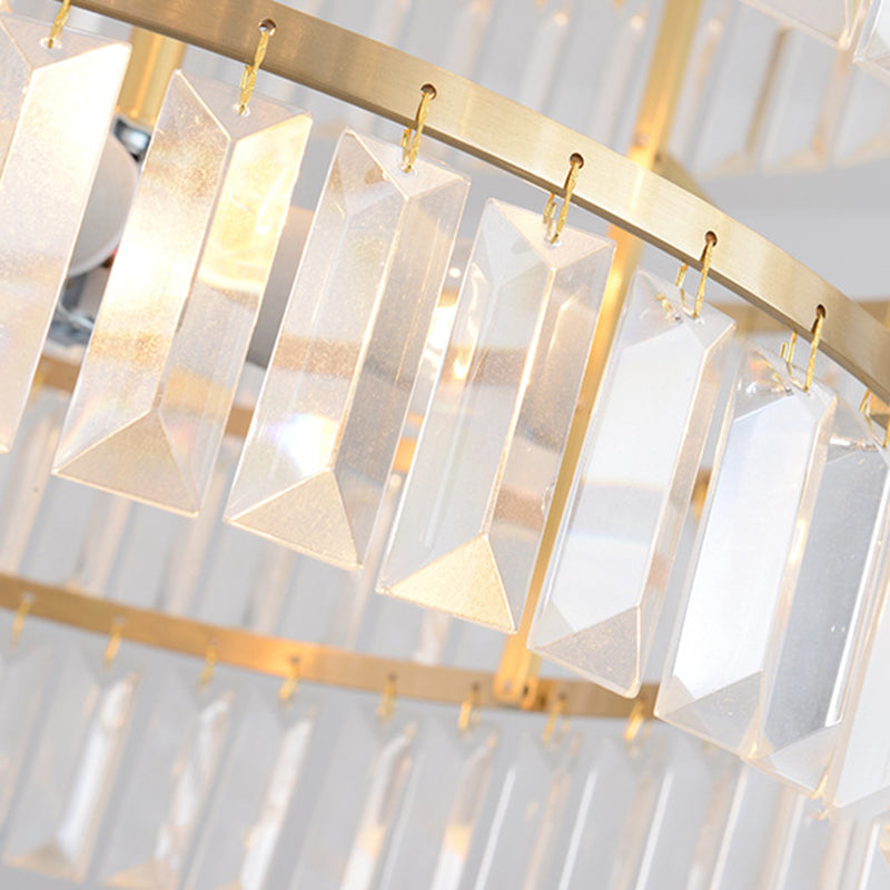 Modernist Brass Layered Ceiling Chandelier With Crystal Suspension - 3 Bulbs Pendant Light