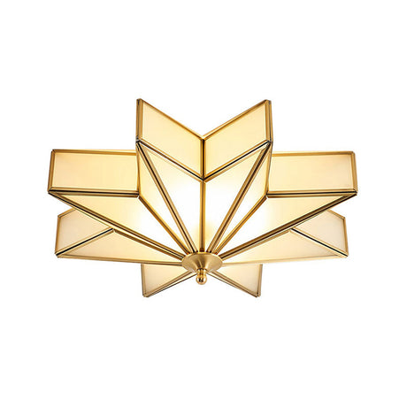 Classic Brass Star Flush Mount Fixture With Beveled Frosted Glass For Living Room Ceiling Light