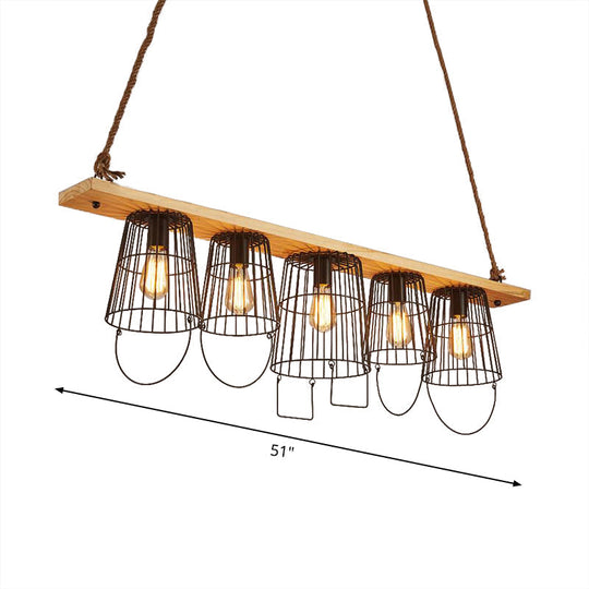 Traditional Barrel Metal Island Pendant Light With 5 Lights And Wood Accents For Dining Room