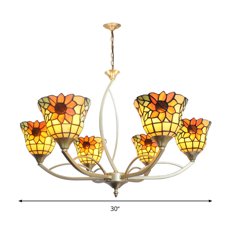 Tiffany Sunflower/Leaf Chandelier Light Fixture - 6/8 Lights White/Orange For Living Room
