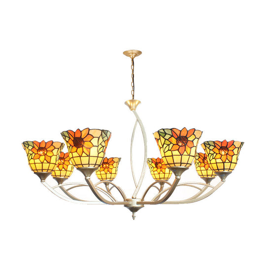 Tiffany Sunflower/Leaf Chandelier Light Fixture - 6/8 Lights White/Orange For Living Room