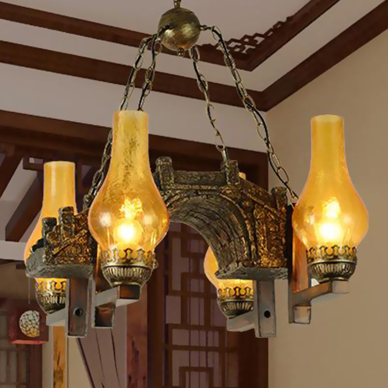 Vintage Amber Crackle Glass Vase Chandelier Pendant Light - Bronze Drop Lamp With 4 Lights
