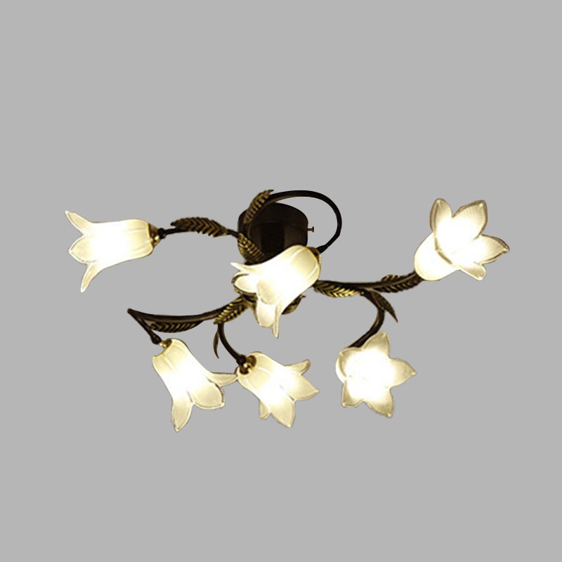 Lodge Flower Semi Flush Mount Ceiling Light - 6 - Light White/Yellow/Purple Glass Lamp For Bedroom