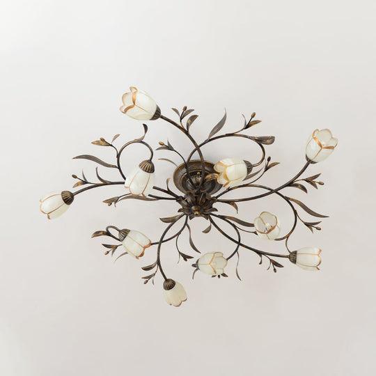 Rustic Brass Blossom Opal Glass Semi - Flush Mount Ceiling Light For Dining Room