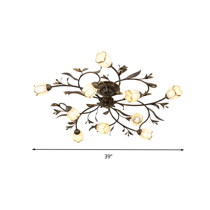 Rustic Brass Blossom Opal Glass Semi - Flush Mount Ceiling Light For Dining Room