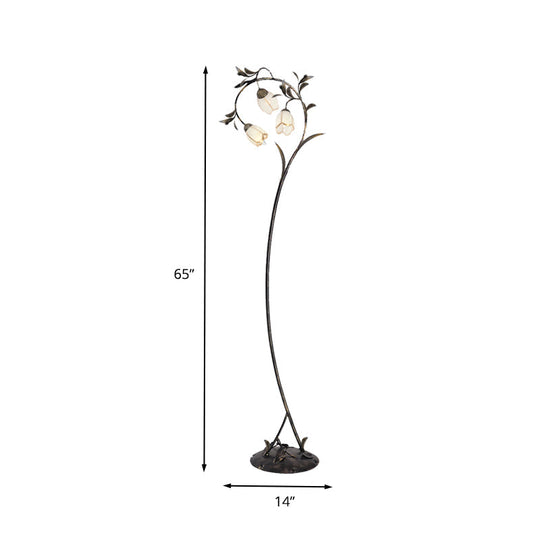Vintage Brass Floor Lamp With Rustic Milky Glass Blossom Design - 3 Lights For Living Room
