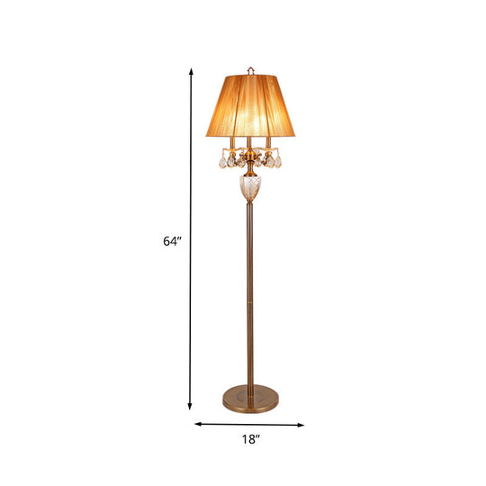 Beige Traditional Fabric Standing Floor Lamp With 3 Lights Tapered Shade And Dangling Crystal