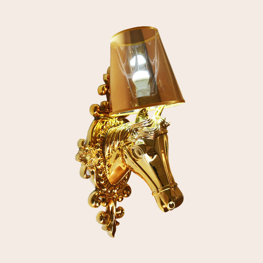 Traditional Gold/Silver Cone Sconce Light With Horse Head Backplate - One Bulb Fabric Wall Lighting
