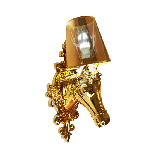 Traditional Gold/Silver Cone Sconce Light With Horse Head Backplate - One Bulb Fabric Wall Lighting