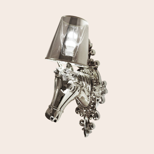 Traditional Gold/Silver Cone Sconce Light With Horse Head Backplate - One Bulb Fabric Wall Lighting