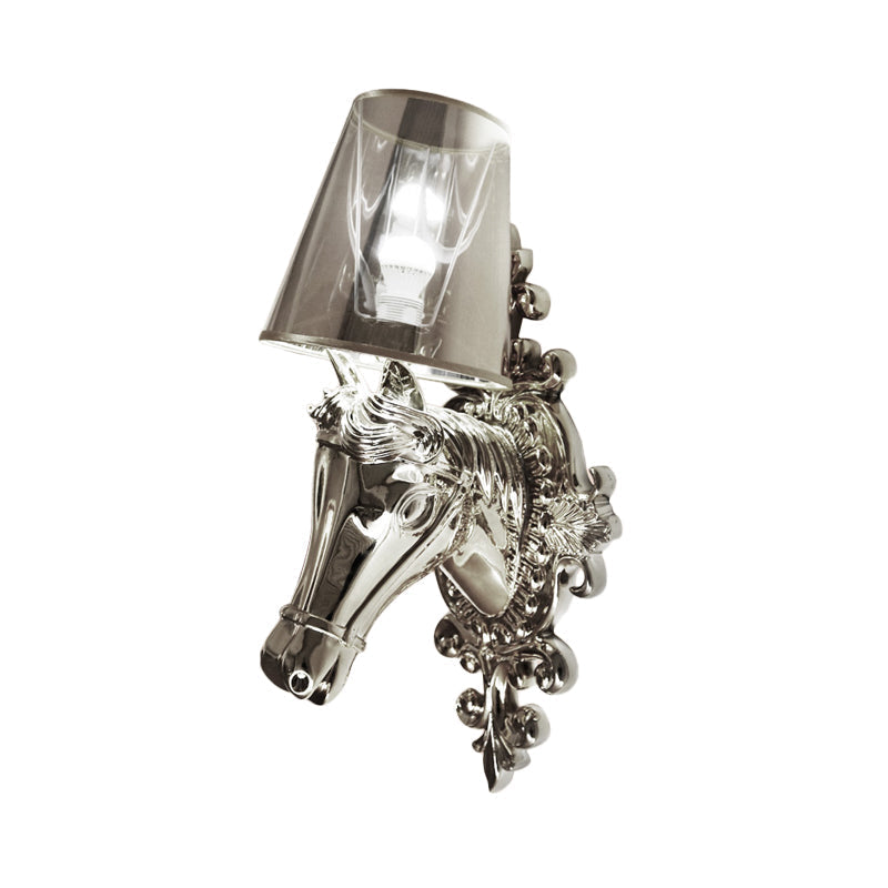 Traditional Gold/Silver Cone Sconce Light With Horse Head Backplate - One Bulb Fabric Wall Lighting