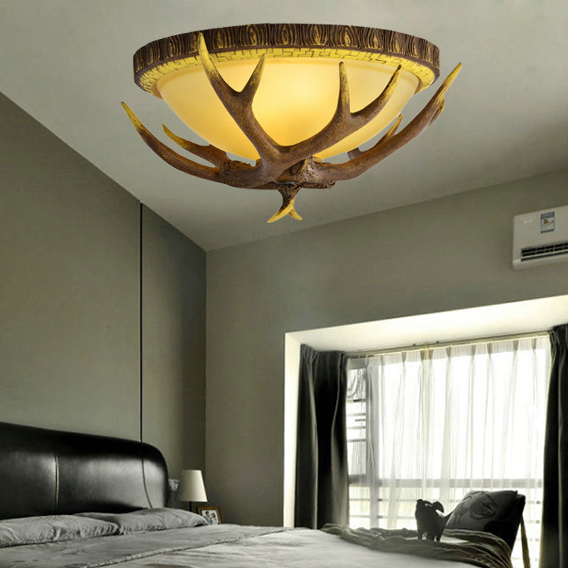 Traditional Bamboo Dome Flush Mount Lighting - Brown 3 Lights Ceiling Fixture