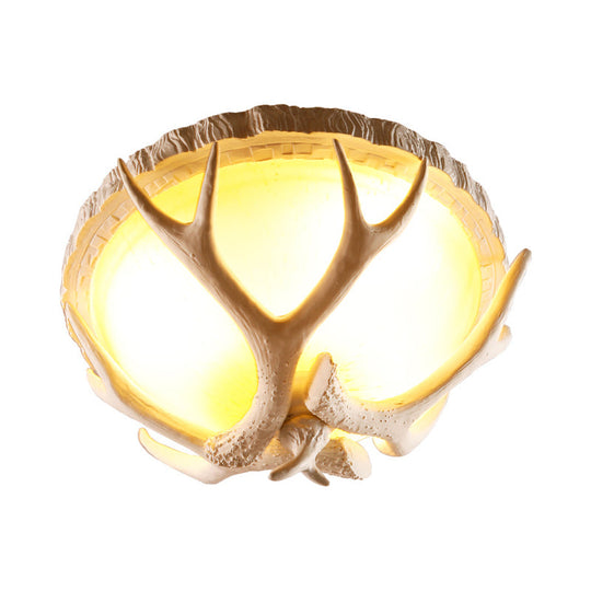 Traditional Resin 3 - Light Brown Ceiling Light Fixture With Antler Deco - Dome Shaped Flush Mount