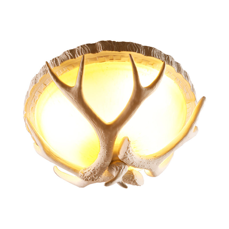Traditional Resin 3-Light Brown Ceiling Light Fixture With Antler Deco - Dome Shaped Flush Mount For