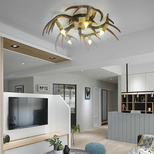 Antler Shape 5 - Bulb Resin Flush Mount Ceiling Lamp - Brown Semi Traditional Lighting