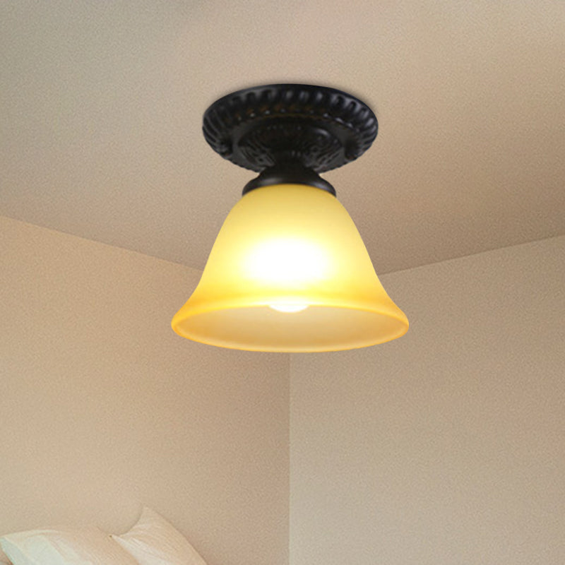 Traditional White/Amber Glass Flush Mount Ceiling Lamp For Living Room With 1 Light Cone Amber