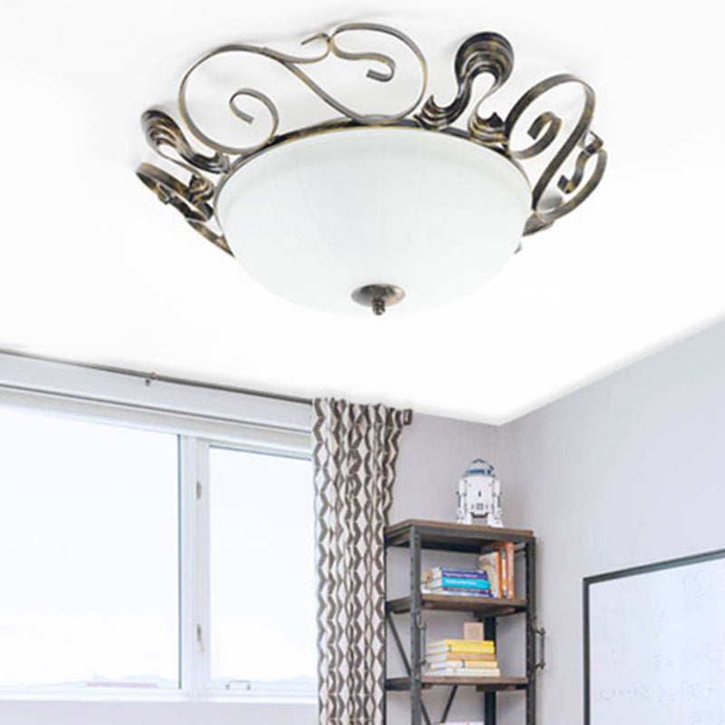 Black 3-Light Classic Ceiling Fixture With White Glass Bowl - Ideal For Living Room Flush Lighting