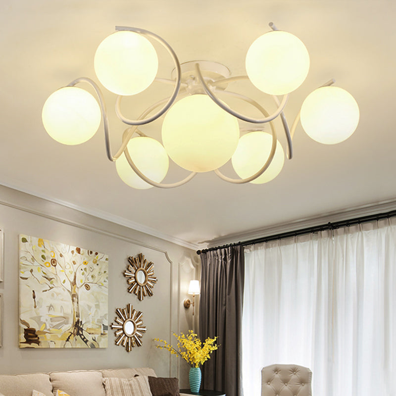 Orb Opal Glass Semi Flush Light - Traditional Black/White 4/7 Lights Living Room Ceiling Lighting