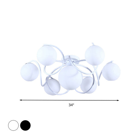 Orb Opal Glass Semi Flush Light - Traditional Black/White 4/7 Lights Living Room Ceiling Lighting