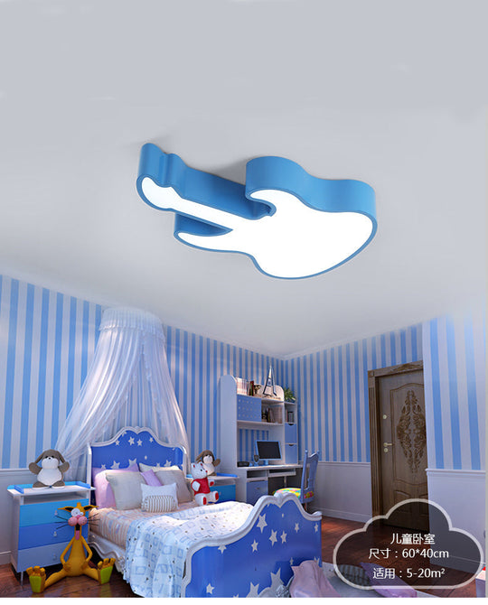 Guitar-Shaped Led Flush Mount Light For Bedroom - 23’/26’ Size Blue And Pink Colors Warm White