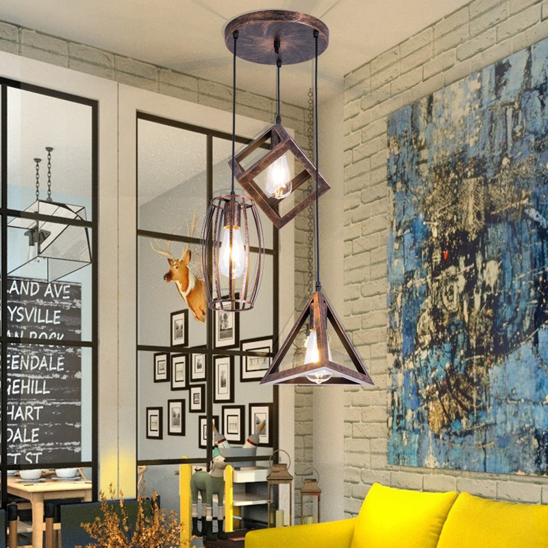 Antique Style Wrought Iron Pendant Lamp - 3-Head Caged Design For Dining Room Ceiling Rust Finish