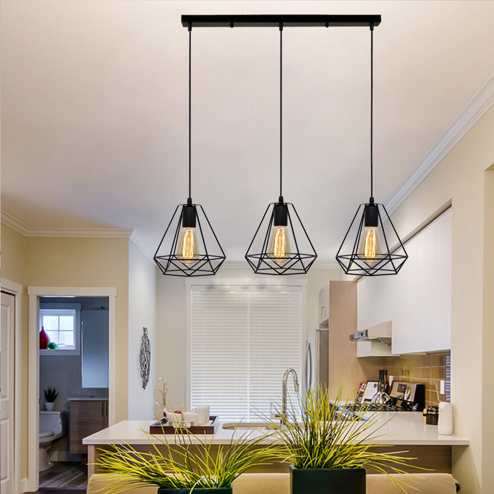 Vintage Industrial Metal Teardrop Cage Pendant Light With 3 Lights For Living Room - Black / Linear