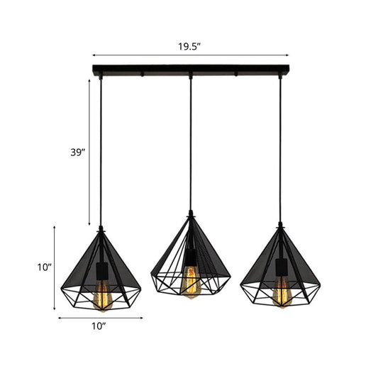 Retro-Style Black Diamond Hanging Light With 3 Metallic Heads - Dining Room Pendant Lighting