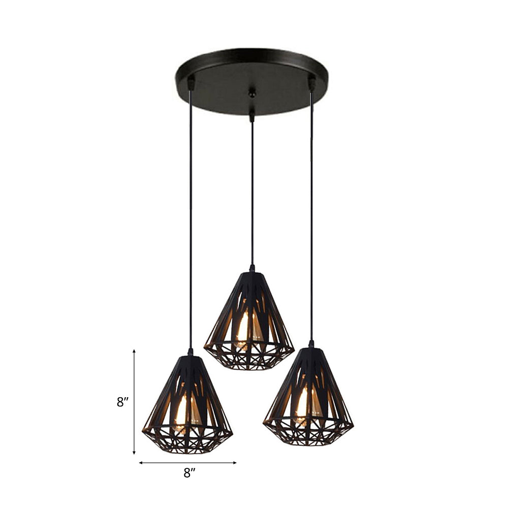Stylish Wire Cage Suspension Light With Diamond Shade - Loft 3-Head Metal Ceiling Fixture