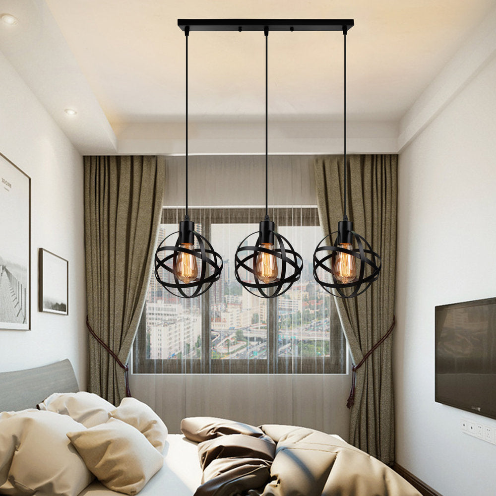 Spherical Pendant Light Fixture: Industrial Black Metal With Wire Guard - Perfect For Dining Room
