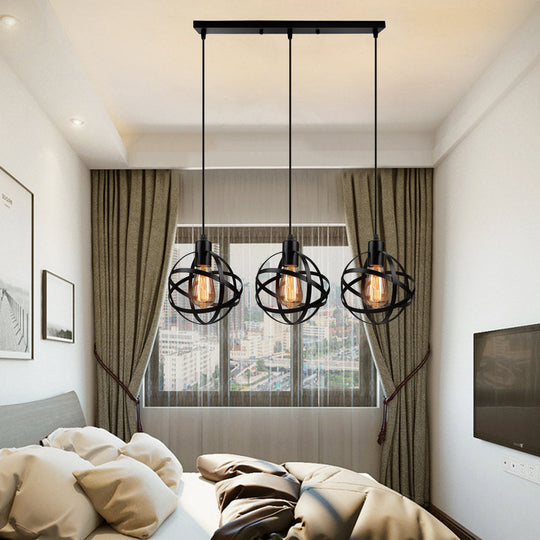 Spherical Pendant Light Fixture: Industrial Black Metal With Wire Guard - Perfect For Dining Room