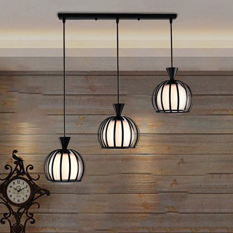 Metal Dome Cage Pendant With Milk Glass Shade - Retro Style 3-Bulb Hanging Light Indoor Black/White
