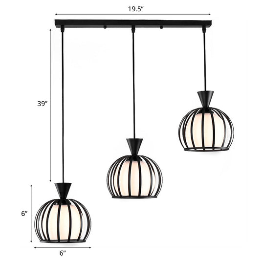 Retro Metal Dome Cage Pendant Light With Milk Glass Shade - 3 Bulb Indoor Hanging Fixture In