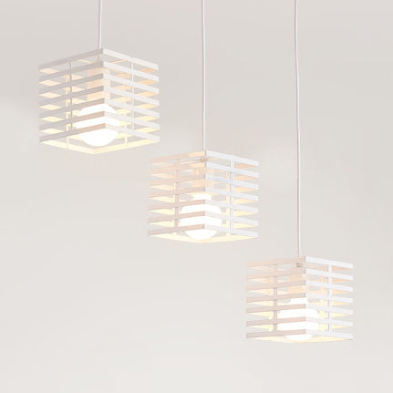 Retro Industrial Metal Pendant Lighting - 3-Light Cubic Hanging Lamp With Cage Shade Black/White