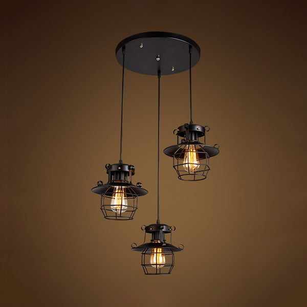 Vintage Industrial Pendant Light With Dome Cage Shade - 3-Light Hanging Lamp Black Finish / Round