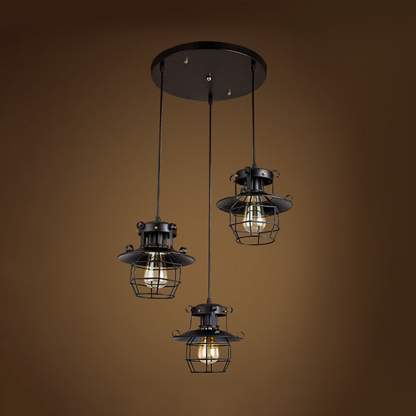 Vintage Industrial Pendant Light With Dome Cage Shade - 3-Light Hanging Lamp Black Finish