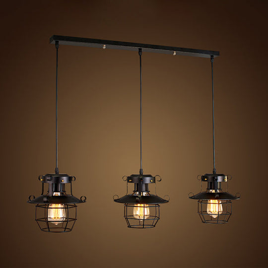 Vintage Industrial Pendant Light With Dome Cage Shade - 3-Light Hanging Lamp Black Finish / Linear