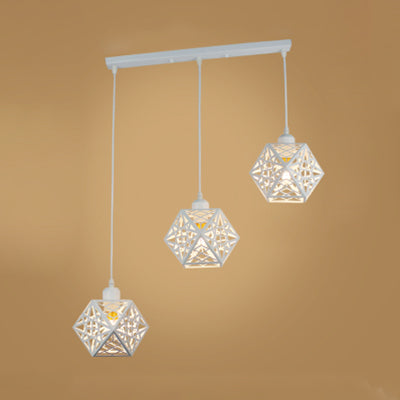 Industrial Loft Faceted Cage Pendant Lamp - 3 Lights Metallic Hanging Light Adjustable Cord White /