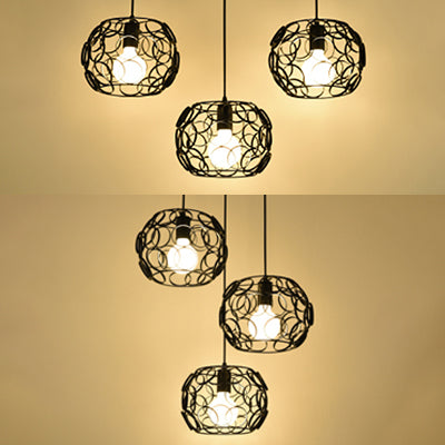 Retro Drum Shade Pendant Lamp With Metal Suspension And Wire Frame In Black - 3 Bulbs Circles Design