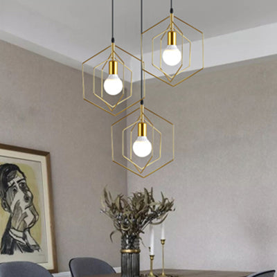 Retro Loft 3-Light Gold Hanging Pendant Light With Hexagon Metal Frame