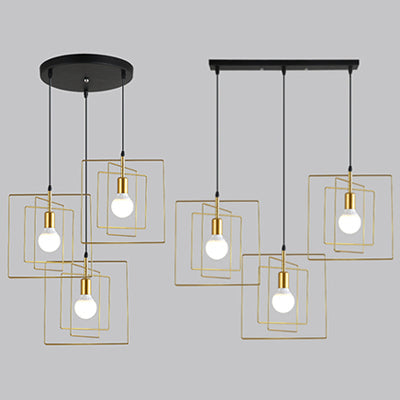 Vintage Industrial Metal Pendant Lighting With 3 Lights For Dining Room Gold Frame Square Design