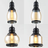 Industrial Amber Glass Pendant Light For Coffee Shops - 3-Light Black Ceiling Fixture