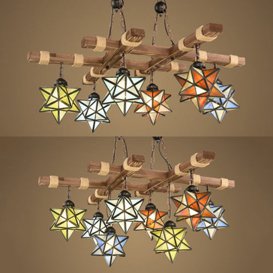 Rustic Stained Glass Loft Star Pendant Chandelier - 6/8 Lights Ideal For Restaurants