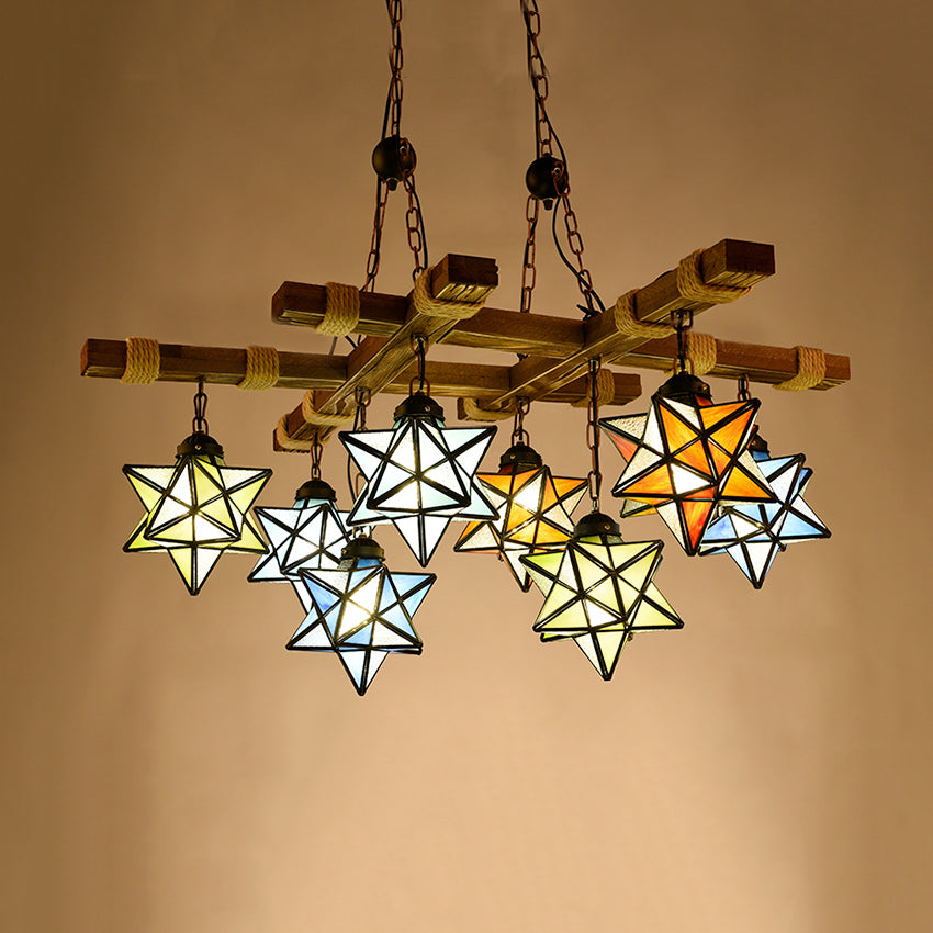 Rustic Stained Glass Loft Star Pendant Chandelier - 6/8 Lights Ideal For Restaurants