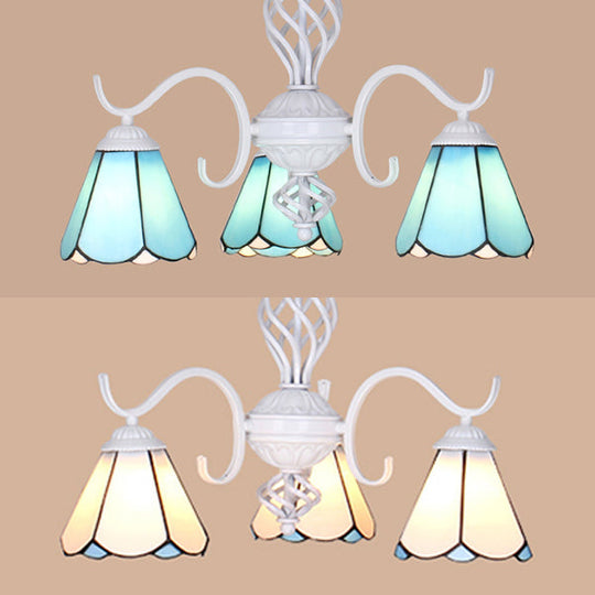 Conical Chandelier With Metal Chain & 3 Lights - Tiffany Stained Glass Foyer Lighting (White/Blue)