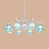 Blue/White Multi-Light Cone Chandelier: Metal Chain Glass Tiffany Pendant Light For Living Room